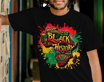 May include: Black t-shirt with a graphic of an outline of the continent of Africa in red, yellow, and green with the words "Black History" inside the outline.