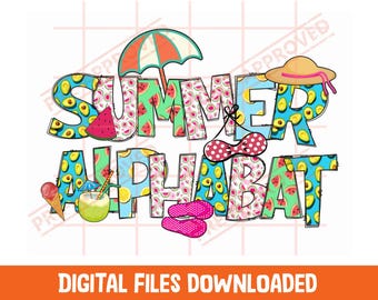 May include: A graphic design featuring the text SUMMER ALPHABET in large block letters filled with patterns of avocados, watermelons, and citrus slices. The design includes a beach umbrella, a sun hat, a bikini top, flip-flops, and a drink.