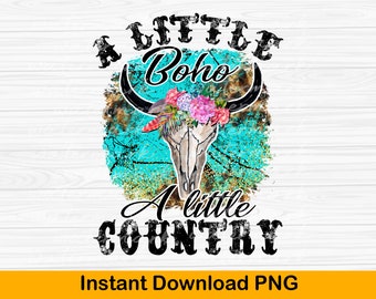 Boho Western Cow Skull PNG: Floral Turquoise Country Graphic (Digital Download)