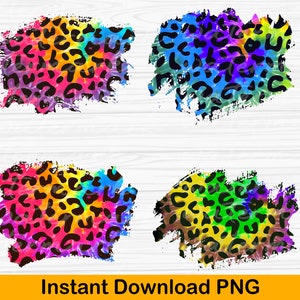 May include: Four digital images of colorful tie-dye leopard print patterns with a distressed edge. The colors in the patterns are yellow, orange, red, pink, blue, green, and purple.