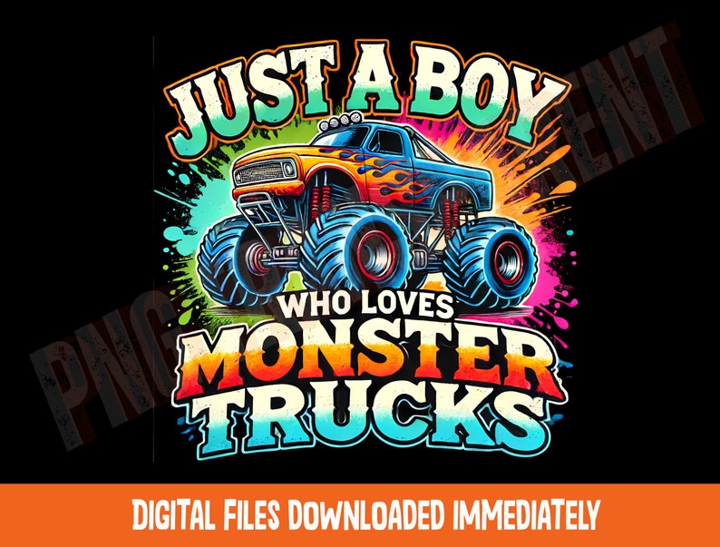 Boys Monster Truck Shirt Design | Vibrant PNG for Sublimation | Big Tire Truck Digital Art | Kid’s Birthday Printable