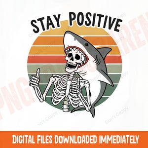 Restez positif png, sublimation de requin drôle, squelette pouce levé png, dessin d'humour noir, clipart positivité ironique, dessin animé rétro png thumbnail