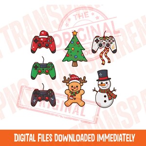 May include: A collection of Christmas-themed digital illustrations. The image features a Christmas tree, a snowman, a gingerbread reindeer, and three game controllers. The controllers are red, green, and black, with festive holiday decorations. The text "DIGITAL FILES DOWNLOADED IMMEDIATELY" is at the bottom.