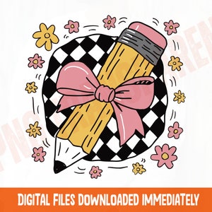 Niedlicher Bleistift mit rosa Schleife png, karierter Hintergrund Sublimation, Schulbedarf png, Kawaii Bleistift-Design png, Pink Ribbon Sublimation