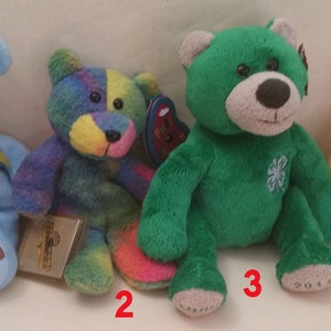 Puede incluir: Cuatro osos de peluche de diferentes colores y diseños. El primer oso es azul claro con una cinta amarilla y un diseño de tren en el pecho. El segundo oso es multicolor con un diseño de arcoíris. El tercero es verde con un diseño de trébol de cuatro hojas. El cuarto oso es rojo y naranja con una camisa a rayas de arcoíris que dice "Chicago" en ella.