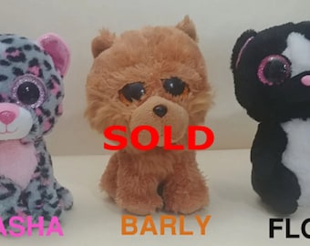 Ty Beanie Boos with Glitter Eyes ,without Swing Tags ,One of  Three(TASHA the Leopard Cat ,BARLEY the Chow Dog ,FLORA the Skunk).