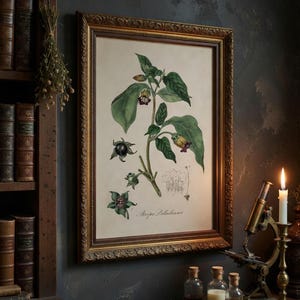 May include: Botanical illustration of a plant with green leaves, purple and yellow flowers, and black berries, framed in gold. The artwork is displayed on a dark wall, with a bookshelf, dried herbs, and scientific equipment nearby.