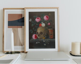 Arte de parede, natureza-morta Vanitas, c. 1665/1670, macabra, caveira, floral, sombria, arte