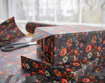 Dark Floral Wrapping Paper for Gifts and Crafts, Dark Academia Aesthetic Gift Wrap for Birthdays Weddings Holidays Decor Projects