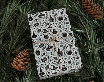 Wrapping Paper, Witchy Black Cat & Cauldron Gift Wrap, Christmas Gift Wrap, Spooky Wrapping Paper, Cat Lover Gift Wrap, Unique Gift Wrap