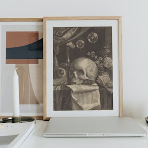 Vanitas Skull Still Life – Gothic Dark Academia Art, 17th Century Macabre Floral Painting Print