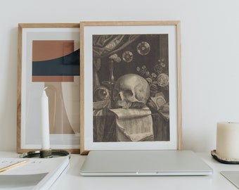 Impressão artística de parede com caveira Vanitas – Decoração gótica dark academia, pintura a óleo vintage Memento Mori, arte macabra e melancólica para casa.