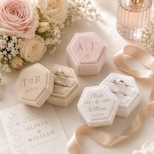 Peut inclure: Trois boîtes à bagues hexagonales en velours dans des tons blush et crème, avec des initiales, noms et dates gravés. Deux boîtes sont ouvertes, montrant des bagues en argent avec des pierres, une est fermée. Une invitation est visible.