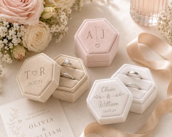 Scatola per anello di fidanzamento, astuccio per anello in velluto personalizzato, portafedi nuziali con iniziali personalizzate, scatola esagonale per proposta di matrimonio, contenitore ricordo a doppio scomparto