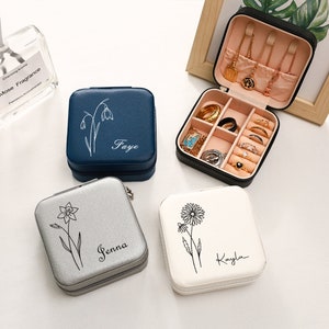 Portagioie in pelle con nome del fiore di nascita, portagioie in PU da viaggio personalizzato, regalo personalizzato per damigella d'onore, scatola portaoggetti per anelli, regalo per la festa della mamma