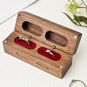 Engraved Custom Wedding Ceremony Ring Box, Double Slot Ring Bearer Box, Personalized Engagement Wood Ring Box, Modern Rustic Wedding