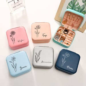 Portagioie da viaggio con fiori di nascita, portagioie personalizzato, portagioie in pelle, regalo per la festa della mamma, portagioie floreale, regalo per lei