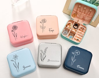 Birth Flower Jewelry Travel Case, Personalized Jewelry Box, Leather Jewelry Box, Mother's Day Gift, Floral Jewelry Case, Gift for Her