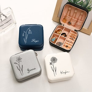 Personalized Leather Jewelry Box With Name,Custom Birth Flower Jewelry Box,Jewelry Case Gifts For Women,Bridesmaid Gifts,Birthday Gifts image 5