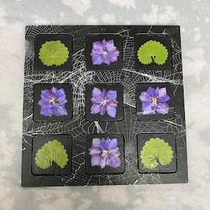 Tic Tac Toe, noughts and crosses board, with cobwebs and preserved flowers - spiderwebs cottagecore goblincore unique nature fae
