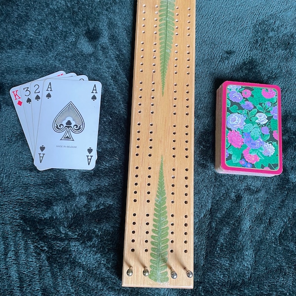 Handmade cribbage  board with real fern leaves - shabby chic cottagecore goblincore unique nature lover card game