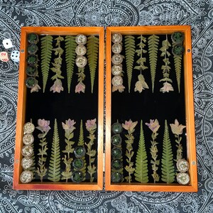 PRE ORDER backgammon boardgame, with pressed leaves including ferns & Salvia viridis woodslice acorn  counter  shabby chic cottagecore