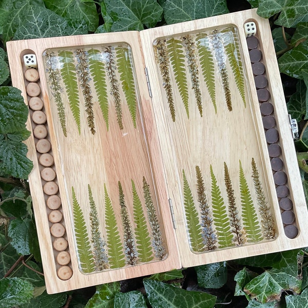 PRE ORDER botanical backgammon board  pressed leaves (ferns & veronica flowers) - cottagecore goblincore unique nature