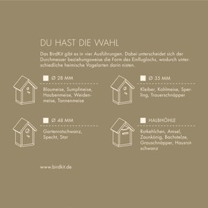 K&ouml;nnte beinhalten: Ein Diagramm, das vier verschiedene Vogelhausdesigns mit ihren Abmessungen und den Vogelarten zeigt, die sie nutzen k&ouml;nnen. Die Vogelh&auml;user sind in wei&szlig;er Umrandung auf beigefarbenem Hintergrund gezeichnet. Der Text "DU HAST DIE WAHL" befindet sich oben im Bild. Der Text "www.birdkit.de" befindet sich unten im Bild.