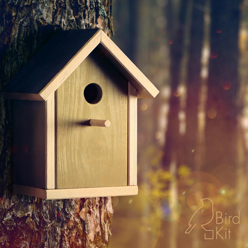 K&ouml;nnte beinhalten: Ein h&ouml;lzernes Vogelhaus mit einem kleinen Eingangsloch und einem Sitzplatz, montiert an einem Baumstamm. Das Vogelhaus ist hellbraun gestrichen und hat ein dunkelbraunes Dach. Der Hintergrund ist ein verschwommenes Bild eines Waldes.
