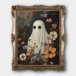 Impresión digital de descarga de Ghost Garden, impresión original de pintura de bellas artes góticas vintage de humor oscuro, impresión de pintura al óleo gótica floral de la Academia