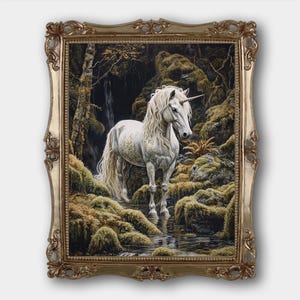 Unicorn Digital Download Print Original Moody Vintage Animal Dark Academia Fine Art Painting Print Dark Fairycore Oil Painting Printable