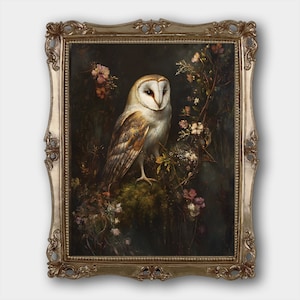 Barn Owl Digital Download Print Original Moody Vintage Floral Fine Art Painting Print Dark Academia Cottagecore Oil Painting Printable