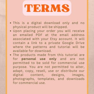 May include: A peach-colored digital download document with the word "TERMS" in orange. The document outlines the terms of use, stating it's a digital download, and the products are for personal use only. The document is bordered by a gold frame.