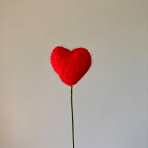 Puede incluir: Un coraz&oacute;n de fieltro rojo en un tallo verde delgado. El coraz&oacute;n es peludo y tiene una forma ligeramente irregular.