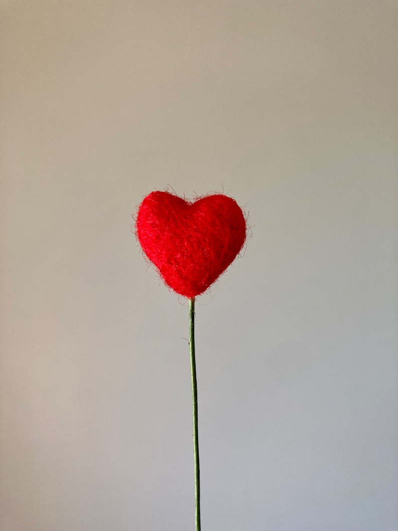Puede incluir: Un coraz&oacute;n de fieltro rojo en un tallo verde delgado. El coraz&oacute;n es peludo y tiene una forma ligeramente irregular.