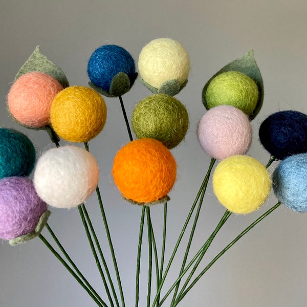 Felt Billy Balls Single Stem, Custom Color, Felt Flower Bouquet, Home Decor