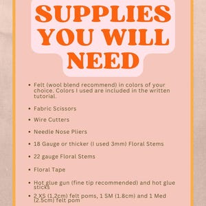 May include: A peach-colored graphic lists craft supplies needed for a project. The orange text reads "SUPPLIES YOU WILL NEED." Items include felt, scissors, wire cutters, floral stems, floral tape, a hot glue gun, and felt poms.