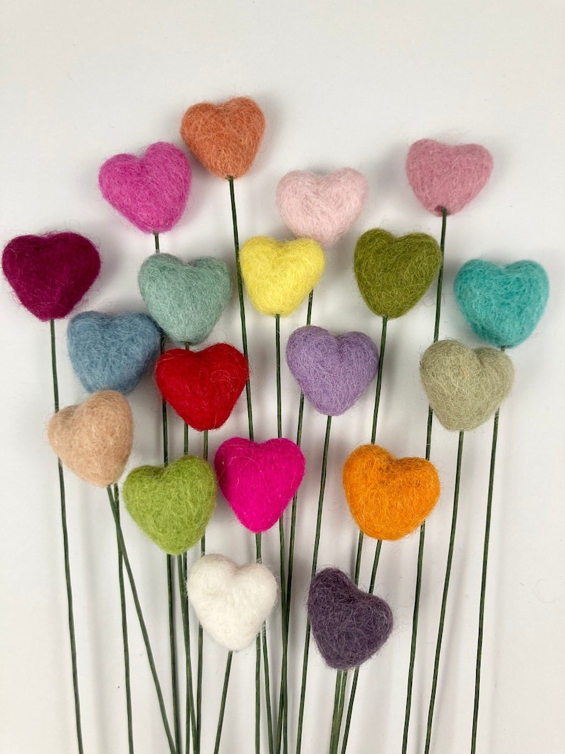 Puede incluir: Un ramo de 17 corazones de fieltro en tallos de alambre. Los corazones son de varios colores, incluyendo rosa, rojo, morado, azul, verde, amarillo, naranja y blanco.