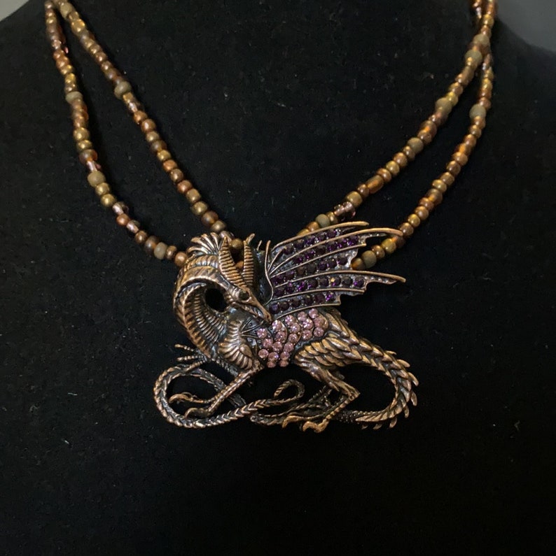 Bronze and purple dragon Necklace 18\u201d.
