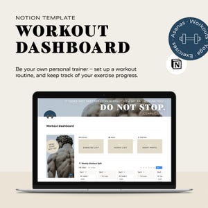 Könnte beinhalten: Ein Laptop zeigt eine Notion-Workout-Dashboard-Vorlage. Der Bildschirm zeigt ein Workout-Dashboard mit Abschnitten für Übungslisten, Asana-Listen und Körperteile. Der Text "DO NOT STOP" wird angezeigt. Der Text "WORKOUT DASHBOARD" ist ebenfalls vorhanden.