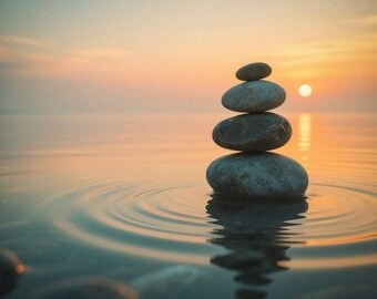 May include: A stack of four smooth, gray stones balanced in water, creating a zen-like composition. The water's surface reflects the stones and the warm colors of the sunset, with ripples emanating outwards.