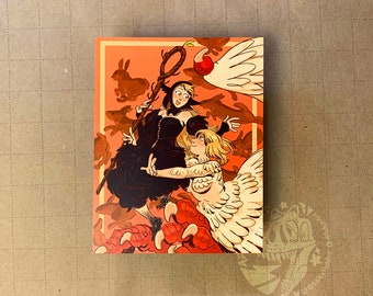 May include: Illustration of two women with a griffin and rabbits on an orange background. One woman wears a black dress and holds a staff. The other woman is blonde and embraces the griffin. The griffin has red talons and white feathers.