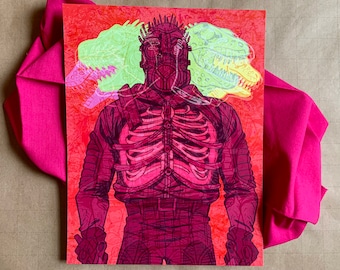 May include: A red and pink art print featuring a figure with a skeletal chest and a helmet, overlaid with two dinosaur heads in yellow and pink. The artwork has a textured appearance and is set against a red background.