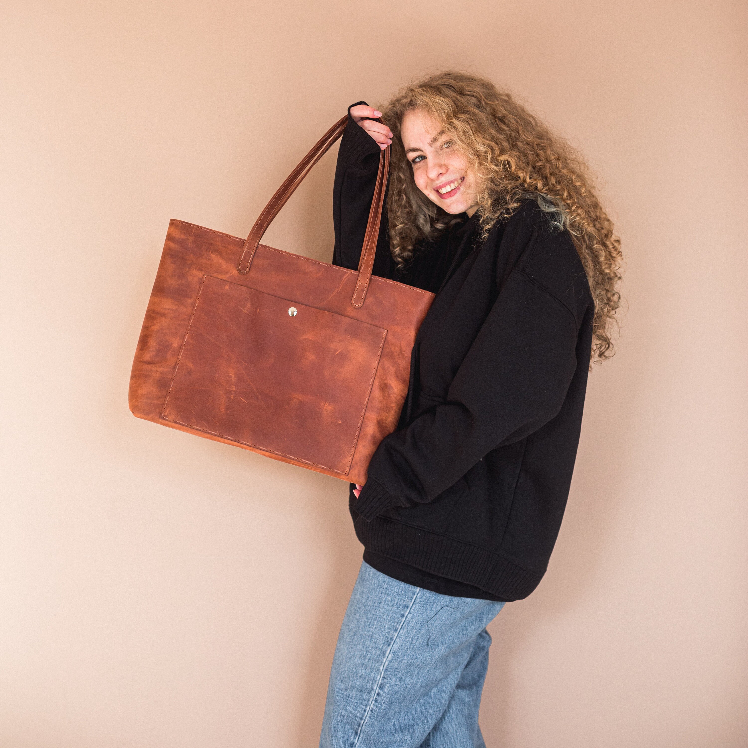 Leather shoulder bag with zipper optional Laptop work bag Etsy