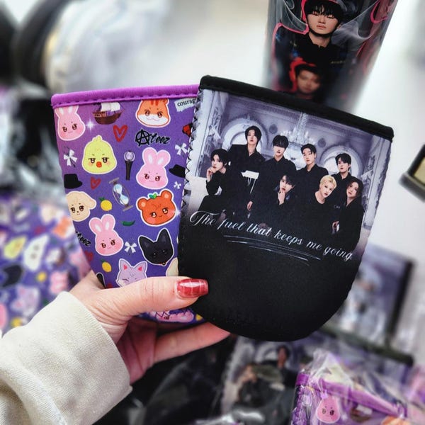 K-Pop ATEEZ Cup Sleeve – Aniteez Characters & 8 Members Design | Reusable Neoprene Coffee Sleeve, ATINY Gift, K-Pop Merch