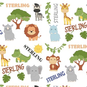 May include: A white background with a repeating pattern of jungle animals, including a lion, zebra, giraffe, rhino, elephant, monkey, hippopotamus, and crocodile. The animals are all cartoon-like and colorful. The word "STERLING" is repeated throughout the pattern in various colors and fonts.