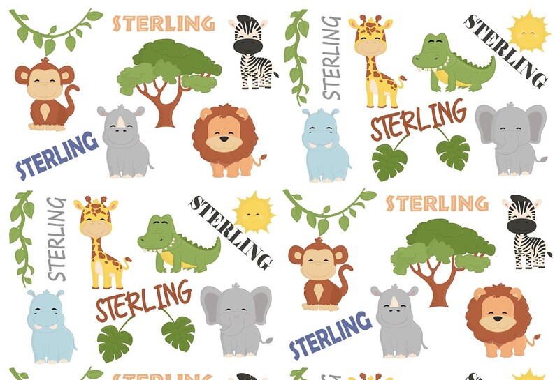 May include: A white background with a repeating pattern of jungle animals, including a lion, zebra, giraffe, rhino, elephant, monkey, hippopotamus, and crocodile. The animals are all cartoon-like and colorful. The word "STERLING" is repeated throughout the pattern in various colors and fonts.