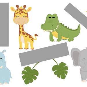May include: A set of colorful cartoon animal illustrations featuring a giraffe, hippopotamus, elephant, crocodile, and a sun. The animals are all smiling and have friendly expressions. The illustrations are perfect for children's books, educational materials, or any project that needs a touch of whimsy.