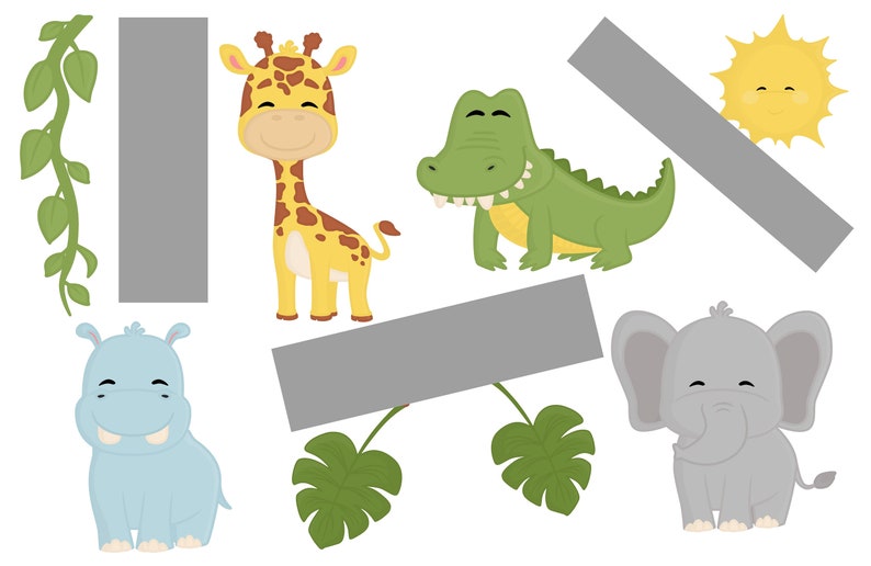 May include: A set of colorful cartoon animal illustrations featuring a giraffe, hippopotamus, elephant, crocodile, and a sun. The animals are all smiling and have friendly expressions. The illustrations are perfect for children's books, educational materials, or any project that needs a touch of whimsy.