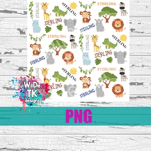 May include: A white background with a repeating pattern of jungle animals and the name "STERLING" in a black font. The animals include a giraffe, a monkey, a lion, a zebra, a rhino, an elephant, and a crocodile.